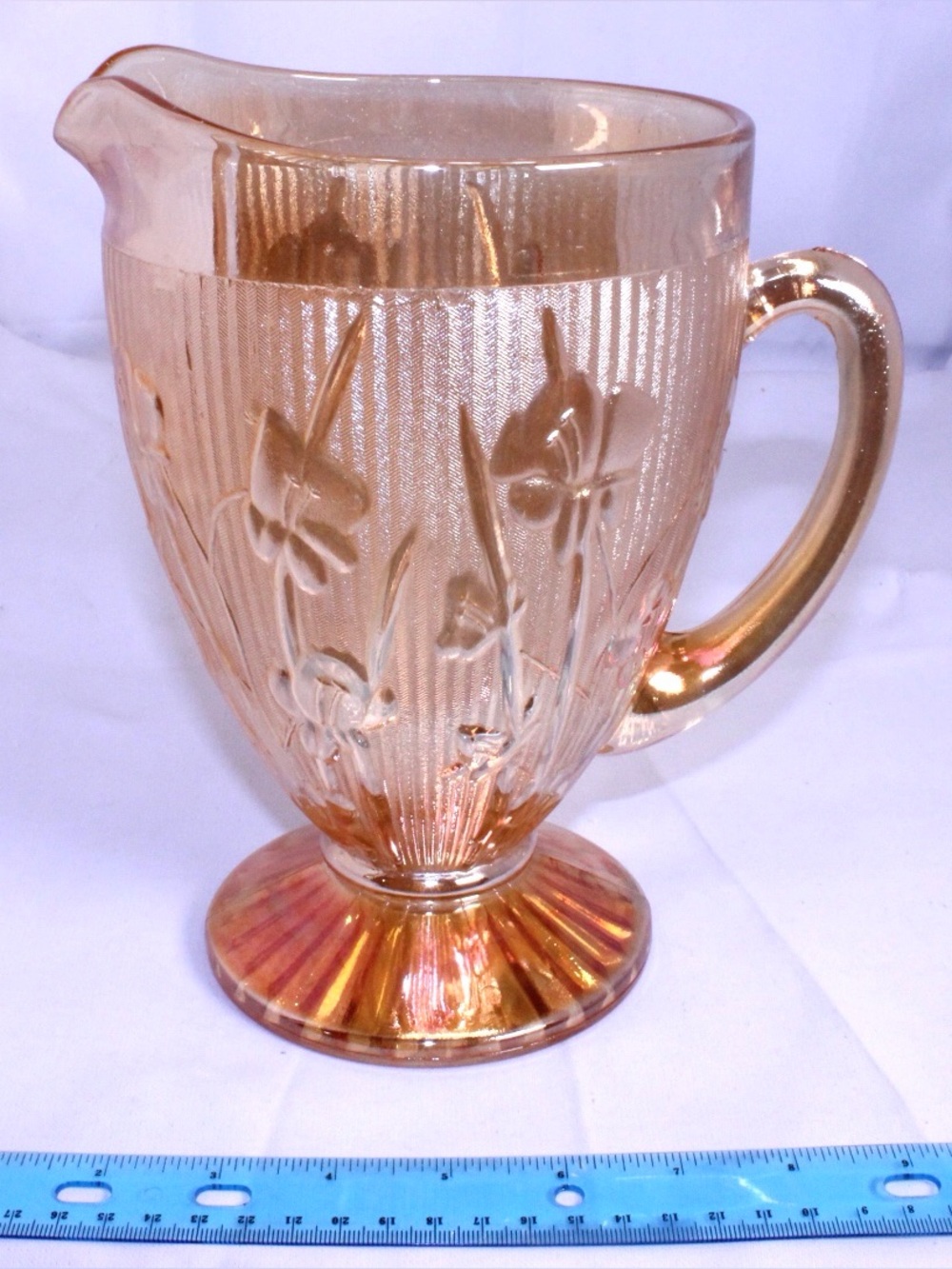 Vintage Jeannette Marigold Carnival Glass Pitcher Iris and Herringbone Pattern